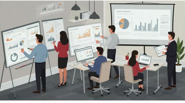 Group collaboration in a modern office analyzing financial data and presenting insights