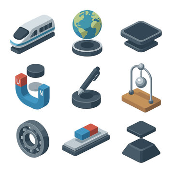 Maglev Devices Icon Set. Isometric Flat icon set of magnetic levitation devices: maglev train, levitating globe, hoverboard pad,