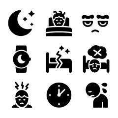 Stress and Sleep Icons. Solid, filled icons set of stress and sleep disruption: insomnia moon, tossing icon,