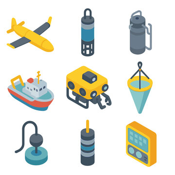 Marine Research Icons. Isometric Flat icon set of marine research and instrumentation: underwater glider, CTD probe, sampling