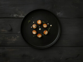 Seared scallops arranged on black plate with garnish on dark wooden table