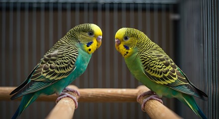 Obraz premium Budgerigar, Budgies, Parakeet, Two Budgerigars Facing Each Other in a Cage