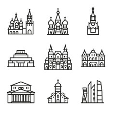 Moscow Landmark Icons. Outline icon set of Moscow landmarks: Red Square, St. Basil’s Cathedral, Spasskaya Tower, Lenin’s Mausoleum