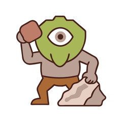 Fototapeta premium Cartoon monster character holding a rock and standing near boulders 