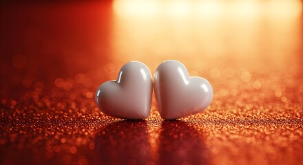 Fototapeta premium Two hearts, White hearts, Red glitter, Two White Hearts on Red Glitter Background