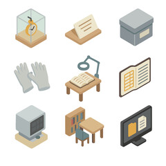 Museum Archive Icons. Isometric Flat icon set of watch archives and museums: display case, exhibit label, archival box,