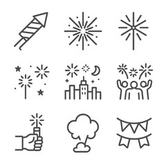 New Year Fireworks Icons. Outline icon set of New Year fireworks display: fireworks rocket, exploding starburst, sparkler, night
