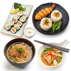 Assorted asian cuisine dishes isolated on white background