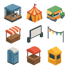 Park Event Icons. Isometric Flat icon set of park events and festivals: outdoor concert stage, festival tent, food truck, event