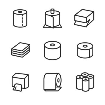 Paper Towel Icons. Outline icon set of paper towel types: perforated roll, center-pull roll, folded towel, interfold towel, jumbo