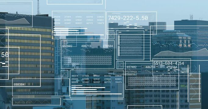 On start frame materializing over city skyline data panels sliding and fading for insights