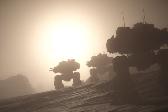 Giant mechs traverse hazy alien landscape - Powered by Adobe