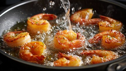 Cooking shrimp in a frying pan with sizzling sounds and water splashes during the preparation process