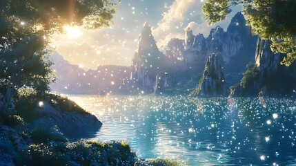 Just-touched sun reflections across a lagoon, soft sparkles like floating diamonds on the water 