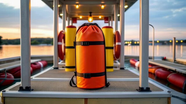 A medium closeup capturing the throw bag resting on a lifeguard station with other rescue tools in the background symbolizing its integral role in aquatic safety equipment.
