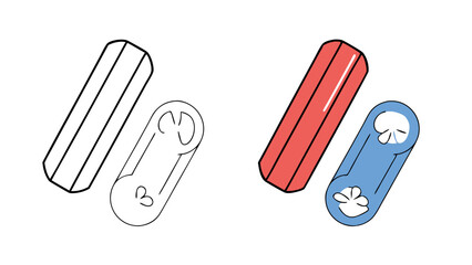Cute Cartoon Safety Pins, Coloring Page, Red, Blue, Black and White