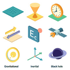 Relativity Icon Set. Isometric Flat icon set of relativity theory illustrations: spacetime grid, light cone, twin paradox clock,