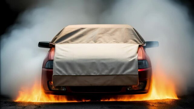A medium closeup featuring a partially deployed fire suppression blanket over a small vehicle fire with smoke curling around it exemplifying the quick action taken to contain the