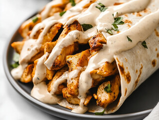 Delicious chicken shawarma with creamy tahini sauce on pita bread
