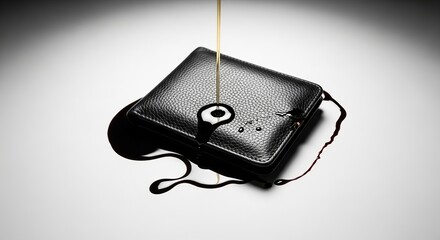 Oil dripping onto textured leather wallet with dramatic lighting on white background