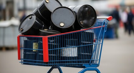 Overloaded shopping cart filled with black oil barrels symbolizing economic inflation challenge