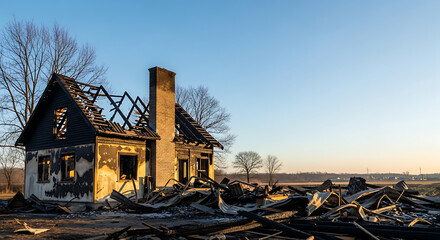 Fototapeta na wymiar Burned-down house in rural area with clear sky at sunset damage from fires natural disasters