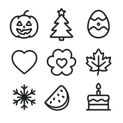 Seasonal Icons Grid. Outline icon set of seasonal themes: Halloween pumpkin, Christmas tree, Easter egg, Valentine heart, summer