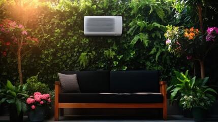 Obraz premium Cozy outdoor seating area with a lush green backdrop and air conditioning unit