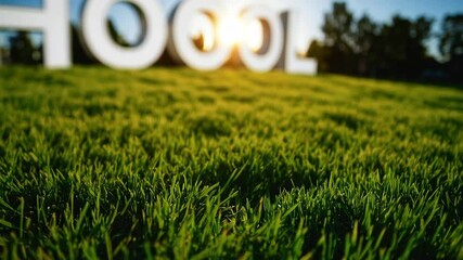 Vibrant green grass fills the foreground, while a large, out of focus SCHOOL sign stands in the background, creating a serene and inviting educational setting