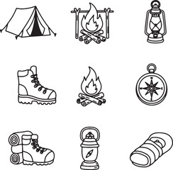 Camping Essentials Tent, Fire, Lantern, Boots, Compass, Sleeping Bag – Outdoor Adventure Icons