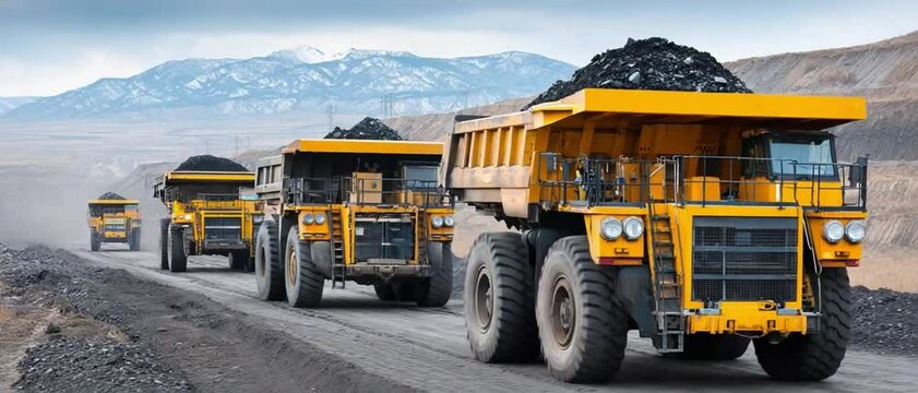 Mining Trucks Hauling Coal: A fleet of heavy-duty mining trucks, filled to the brim with coal, rumble across a vast landscape, highlighting the scale and intensity of the mining industry.