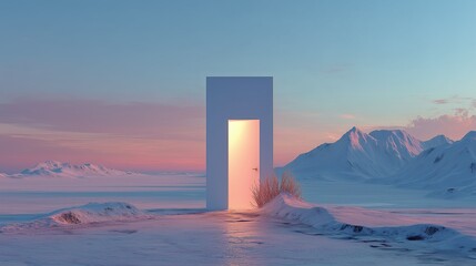 Neon Light Door Frame in Snowy Fantasy Landscape with Plants and Mountains

