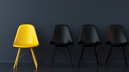 Row of chairs with one yellow chair.