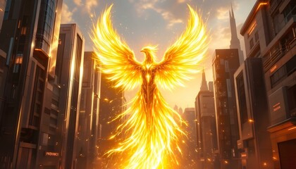 Golden cybernetic phoenix rising from digital flames in a futuristic city .