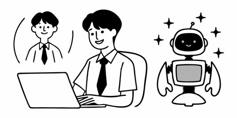 Vector Illustration of User, Robot, and Digital Success. Technology and Innovation.