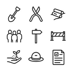 Trail Conservation Icons. Outline icon set of trail conservation and management: maintenance shovel, pruning shears, erosion