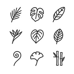 Naklejka premium Tropical Foliage Icons. Outline icon set of tropical foliage patterns: palm leaf, monstera split leaf, banana leaf, bird of