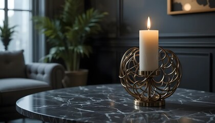 Macro shot of a sculptural metal candle holder on a marble table, modern decor, moody lighting
