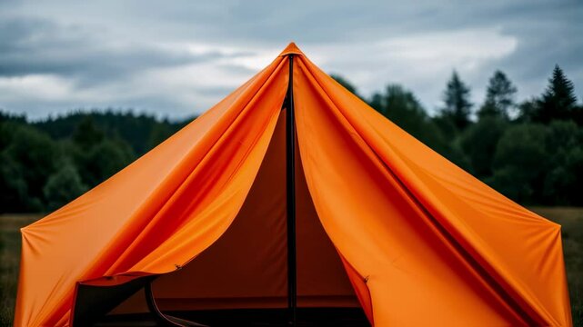 A medium closeup of a minimalist survival tent with a bright orange exterior capturing the folds and creases as it billows gently in the wind suggesting resilience and visibility.