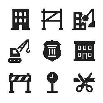 Urban Renewal Icons. Solid, Filled icon set of urban renewal projects: old building, scaffolding, demolition wrecking ball,