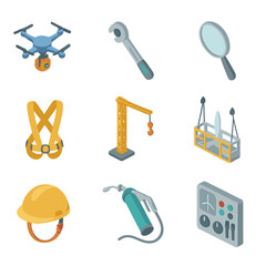 Fototapeta premium Wind Energy Tools Icons. Isometric Flat icon set of wind energy maintenance: inspection drone, torque wrench, blade mirror, rope