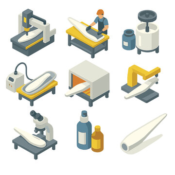 Wind Turbine Icon Set. Isometric Flat icon set of wind turbine blade manufacturing process: CNC cutter, fiber layup station, resin