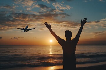 Fototapeta premium Silhouette of Man on Beach Watching Airplane at Sunset Travel and Freedom Concept