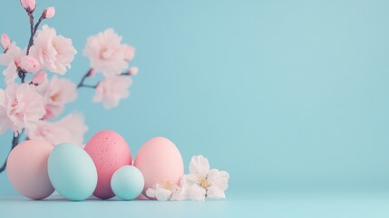 Colorful Easter eggs and blossoms arranged on a blue pastel backdrop