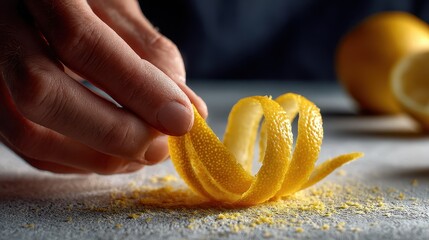 Close-up of hand peeling a fresh yellow lemon with a detailed textured peel on a dark background