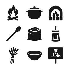 Traditional Cooking Icons. Solid, filled icons set of traditional food preparation demos: open hearth, iron