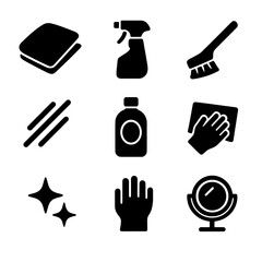 Vanity Cleaning Tools Icons. Solid, filled icons set of vanity mirror cleaning tools: microfiber cloth, glass