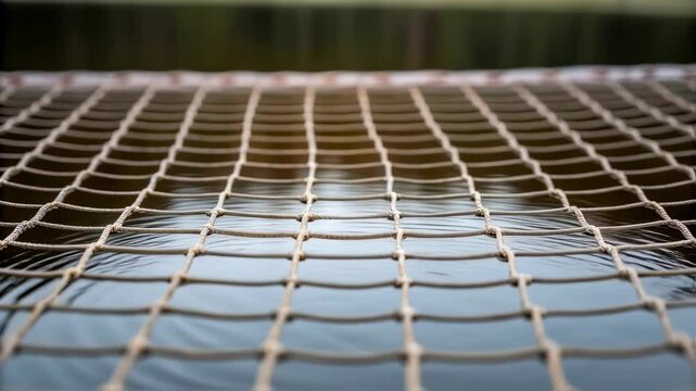 A medium closeup of a safety net deployed under a bridge with water droplets on its surface reflecting the nets readiness for unexpected emergencies.