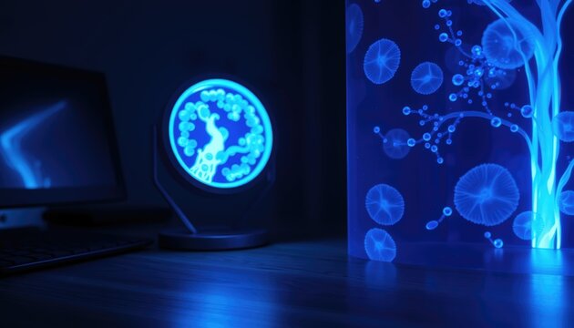 Modern blue lamp illuminating abstract designs on dark background  