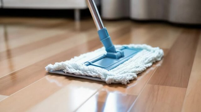 Cleaning hardwood floors with a mop in a bright living room during the afternoon